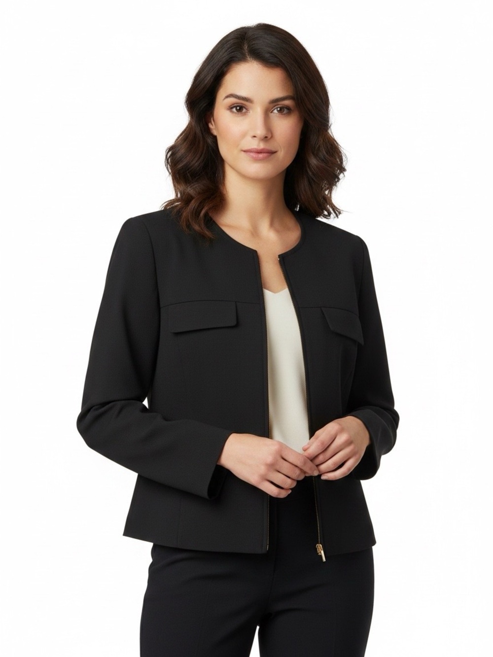 Clifford & Wills Vintage black wool blazer jacket gold zipper 6 lined collarless